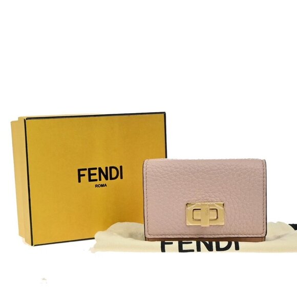 FENDI Logo Peekaboo Trifold Compact Wallet Leather Pink GHW Italy - Picture 1 of 12